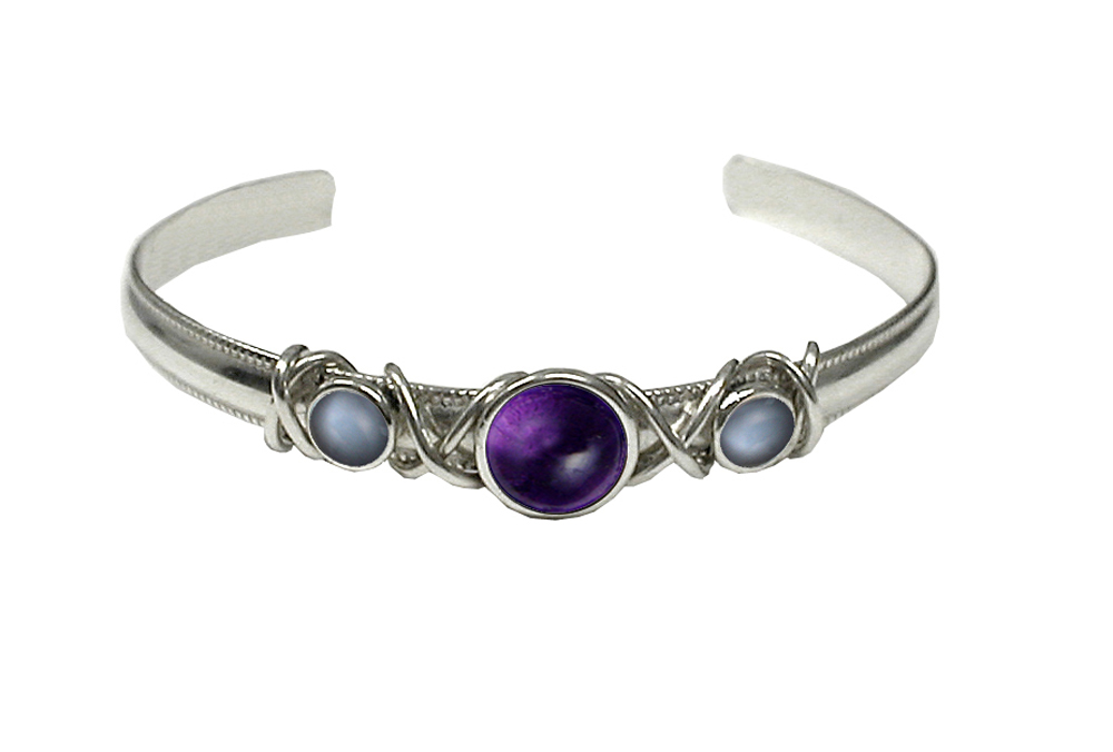 Sterling Silver Hand Made Cuff Bracelet With Amethyst And Grey Moonstone